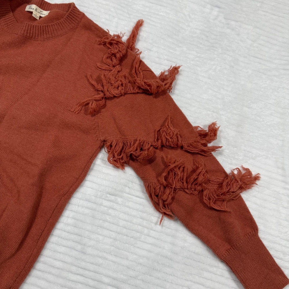 Vine & Love Rust Orange Fringe Sleeve Crewneck Sweater Womens Large - Picture 2 of 7